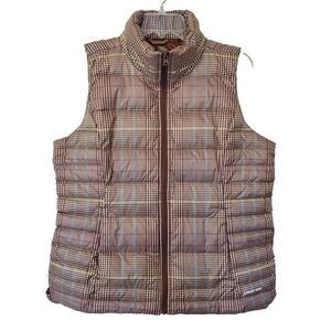 Lands End Jacket Womens M Puffer Vest Brown Plaid Down Filled Lined‎ Full Zip
